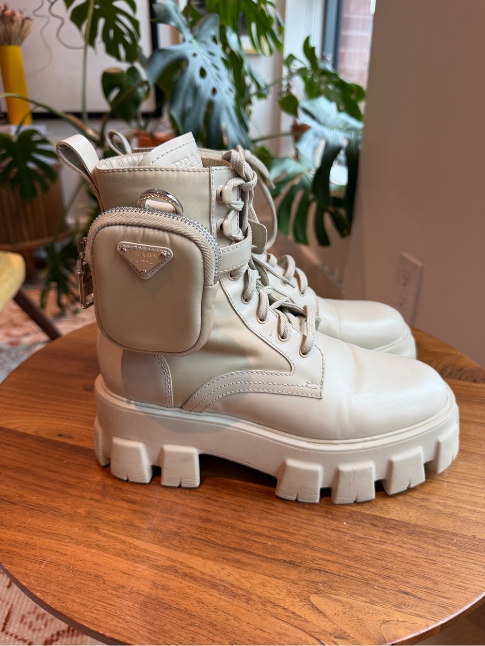 Prada Monolith Brushed Leather and Nylon Combat Boots Combat Boots Cream US 9